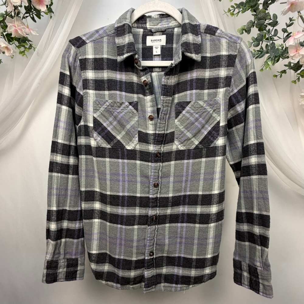Sonoma Goods For Life Mens Flannel Shirt L Gray Black Purple Plaid Cotton L/S